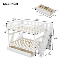 Full over Full Bunk Bed with Two Drawers and Storage, Multifunction Wood Bunk Bed with Staircase, Storage Shelves and Safety Guardrail, No Box Spring Needed, White