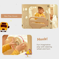 4 In 1 Kids Slide Set, Bus Slide Set with Bus Play Structure for Kids Teens Boys Girls, Freestanding Bus Toy with Slide and Basketball Hoop, Indoor & Outdoor Toys Slide Playset, Easy Setup, Beige