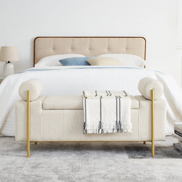 Ottoman with Storage, 44" Modern Linen Storage Bench, Elegant Upholstered End of Bed Storage Ottoman Bench with Cylindrical Arms and Iron Legs for Hallway Living Room Bedroom, Beige