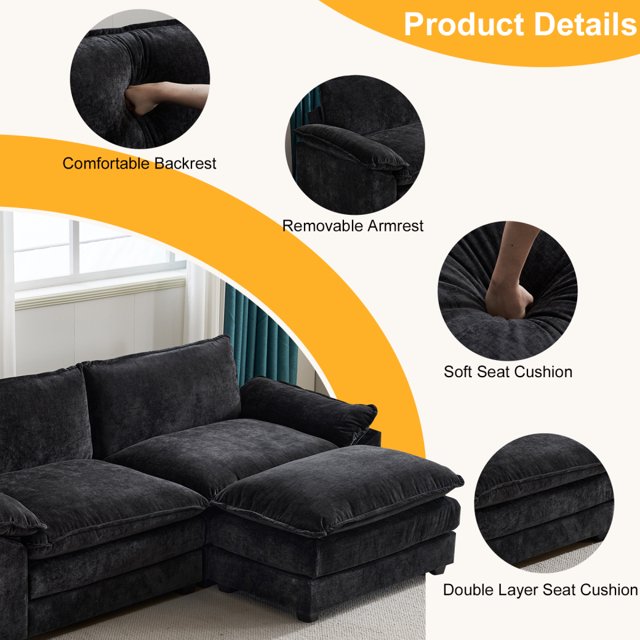 Sectional Sofa Chenille Loveseat Sofa Couch with Ottoman, Modern Deep Seat Sectional Sofa Comfy Upholstered Sofa Couch with Double Layer Seat Cushion for Living Room, Apartment, Studio, Office, Black