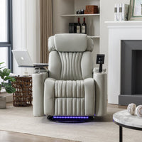 Swivel Rocker Power Recliner Chair with Cup Holders and LED Light Strip, Electric Home Theater Seating with 360 Swivel Tray Table, Cell Phone Stand & Hidden Arm Storage, Gray