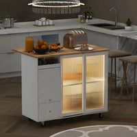 Kitchen Island with Drop Leaf, Modern LED Light Kitchen Cart on Wheels with 2 Fluted Glass Doors and 1 Flip Cabinet Door, 44" Large Kitchen Island Cart with an Adjustable Shelf and 2 Drawers, White