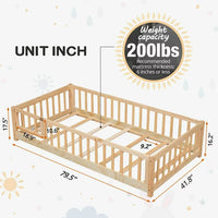 Triple Tree Montessori Twin Bed, for Toddler with Fence and Wood Slats, Natural