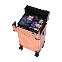 4 in 1 Professional Rolling Makeup, Train Case Aluminum Trolley Case Suitcase Organizer with Rotation Wheels for Makuep, Rose Gold