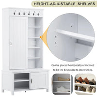 Hall Tree with Bench and Shoe Storage, 3-in-1 Entryway Bench with Sliding Doors, Coat Racks and Shelves, 70" H Multifunctional Hall Tree with Adjustable Shoe Storage for Entryway, Mudroom, White