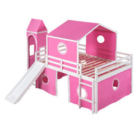 Full Size Castle Shaped Floor Bunk Bed, Full Over Full Floor Bunk Loft Bed with Tower and Slide, Wood Loft Playhouse Bed Frame with Tent for Kids Girls Boys Teens