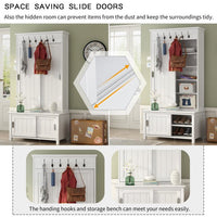 Hall Tree with Bench and Shoe Storage, 3-in-1 Entryway Bench with Sliding Doors, Coat Racks and Shelves, 70" H Multifunctional Hall Tree with Adjustable Shoe Storage for Entryway, Mudroom, White