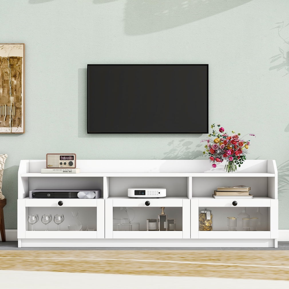 Modern TV Stand for TVs Up to 65",Elegant Media Console Table with Acrylic Board Door and Black Handles,Ample Storage Space Entertainment Center for Living Room,White
