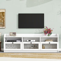 Modern TV Stand for TVs Up to 65",Elegant Media Console Table with Acrylic Board Door and Black Handles,Ample Storage Space Entertainment Center for Living Room,White