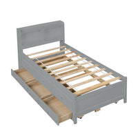 Twin Bed with Trundle and 3 Drawers, Twin Bed Frame with Bookcase Headboard, Wood Platform Bed, Multifunctional Wood Storage Daybed Sofa Bed, No Box Spring Needed, Gray