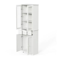 3-Tier Bookshelf with Doors and 3 Drawers, Home Office Large Storage Cabinet with Shelves and Display Cabinet, Tall Standing Bookcase with LED Light Strips for Living Room Apartment, White