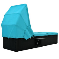 Patio Chaise Lounge with Retractable CanopyOutdoor Reclining Chair with Adjustable Backrest, Rattan Wicker Daybed with Coffee Table,Sun Lounger for Beach Poolside Backyard Balcony Porch