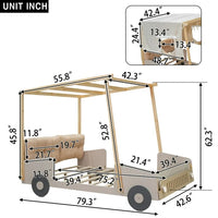 Full Size Car Canopy Bed with Ceiling Cloth and Upholstered Headboard, Platform Bed Frame with Light, Car-Shape Bed Frame with Wheels for Toddler Children Boys Girls,Natural