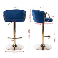 Bar Stools Set of 2,Velvet Counter Height Bar Stools with Chrome Footrest and Gold Base,Swivel Height Adjustable Barstools for Kitchen Island,Pub,Dining Room,Navy