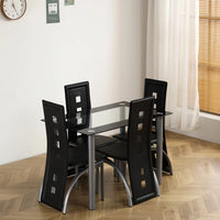 5 Pieces Dining Table Set, 43" Kitchen Table with Tempered Glass Tabletop & 4 PU Padded Dining Chairs, Modern Dining Table Set for 4 with Stainless Legs, Black