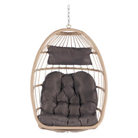 Hanging Egg Chair Indoor Outdoor without Stand, Foldable Wicker Rattan Swing Egg Chairs with Thick Cushion, Hammock Egg Hanging Chair with Aluminum Frame for Bedroom Patio Balcony, Wood+Dark Gray