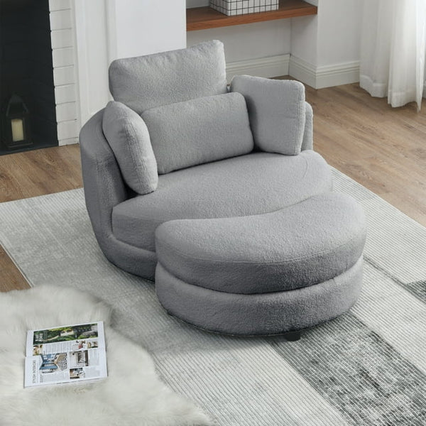 Oversized Swivel Chair with Moon Storage Ottoman for Living Room, Accent Round Loveseat Circle Swivel Barrel Chair for Bedroom Cuddle Chair Sofa Chair Lounger Armchair with 4 Pillows (Gray)