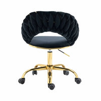 Velvet Office Chair with Hand Woven Backrest,Adjustable Swivel Accent Armchair,Upholstered Tufted Vanity Chair with Gold Base,Ergonomic Study Chair Computer Desk Chair for Living Room Bedroom,Black