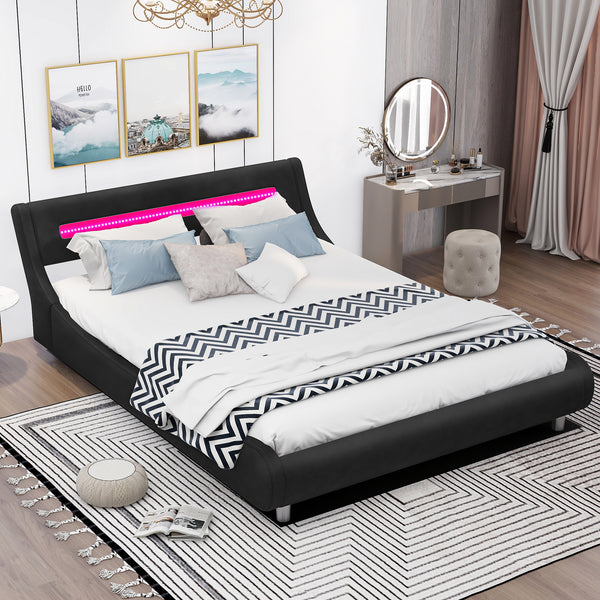 Queen Size Low Profile Platform Bed with 20-colors LED Headboard, Faux Leather Upholstered Bed with Underneath Storage, Lift Up Storage Bed for Teens Adults Bedroom, No Box Spring Needed, Black