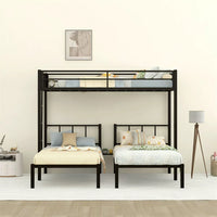Metal Triple Bunk Bed for 3, Twin Size Bunk Bed Frame with Storage Shelf, Small Table and Built-in Ladder, Can be Divided into 3 Separate Bed for Kids Teens Adults, Space-Saving, Noise-Free (Black)