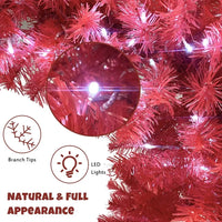 6FT Christmas Tree, Hinged Fraser Fir Artificial Fir Bent Top Christmas Tree,Xmas Tree,Bendable Santa Hat Style Christmas Tree, Holiday Decoration with 1,250 Lush Branch Tips,300 LED Lights, Red