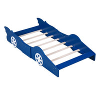 Race Car Bed, Solid Wood Floor Bed with Wheels and Safety Guardrails, Twin Size Platform Bed with Slats Support for Boys Girls Adults, No Spring Box Needed, Blue