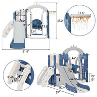 5-in-1 Toddler Slide and Swing Set, Indoor Outdoor Slide Climber Bus Playset with Basketball Hoop Freestanding Combination, Kids Playground Climber Slide Playset, Outdoor Playground Slide, Blue+Gray