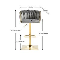 Velvet Bar Stools Set of 2, Swivel Woven Modern Adjustable Gold Bar Stools, Swivel Counter Height Barstools with Backs Gold Metal Tall Kitchen Chairs for Home Bar Dining Room Kitchen Island, Gray