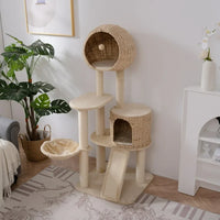 Natural Rattan Cat Tree, 61-Inch Cat Tower for Indoor Cats, Plush Multi-Level Cat Condo with Cat Scratching Post, Scratching Board, 1 Perches, 2 Caves and Cozy Basket, Cat Furniture Pet Play House