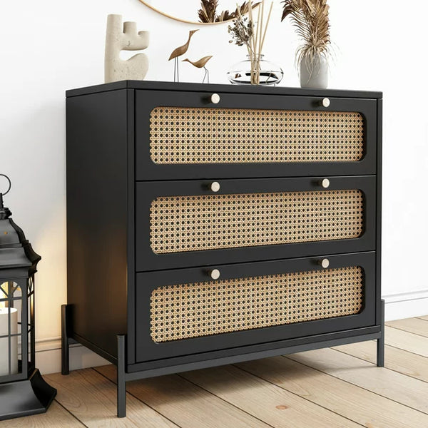 Modern 3 Drawer Dresser, Rattan Chest of Drawers with Spacious Storage Rattan Dresser, Closet Storage Bedside Table Dresser for Bedroom Living Room Entryway, Hallway, Black