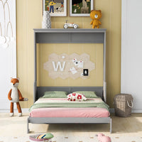 Queen Size Murphy Bed with Shelf, Solid Wood Mobile Murphy Chest Bed Cube Cabinet Bed, Murphy Platform Bed for Guest Room Home Office, Gray