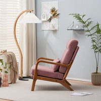 Accent Chair with Cushion, Mid-Century Modern Reading Armchair with Wood Armrest, Upholstered Linen Lounge Chair Solid Wood Side Chair for Living Room Bedroom Apartment, Pink