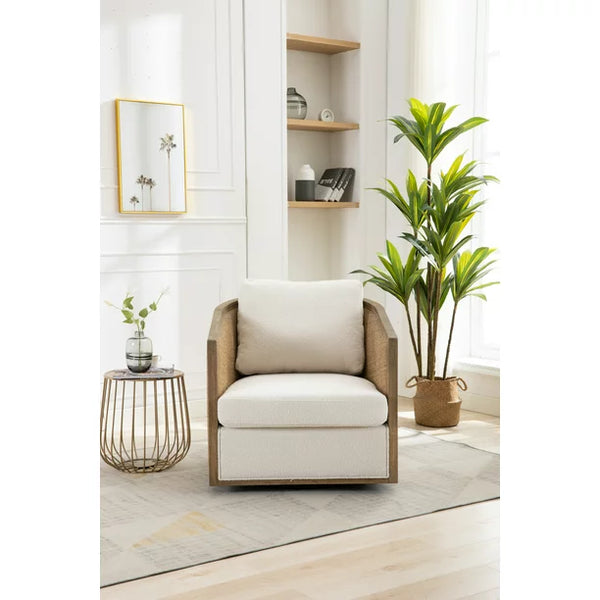 360 Degree Swivel Leisure Arm Chair with Seat Cushion for Office, Lounge, Velvet Swivel Barrel Chair with Throw Pillow, Upholstered Swivel Round Accent Sofa Chair, Weight Capacity 300 Pounds, Beige