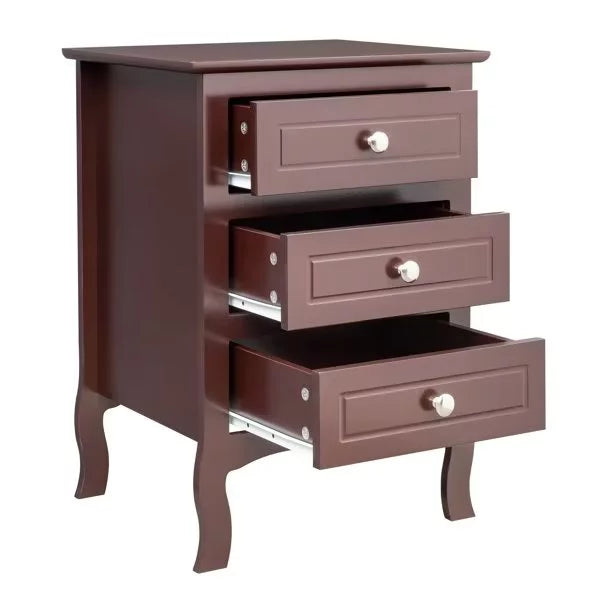 Country Style Side Table, Nightstand with 3 Drawers, Bedside Tables with Wood Frame, Mid-Century Modern Nightstand with Storage, Bed Side Table & Night Stand End Table for Bedroom, Living Room, Brown