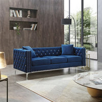 3 Seater Sofa, 82.3" Modern Velvet Tufted Upholstered Accent Sofa with 2 Pillows and Jeweled Buttons Velvet Sofa with Curved Backrest & Square Arm and Metal Legs for Living Room Office, Blue