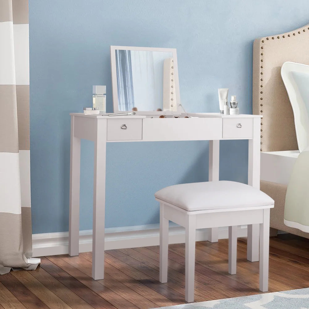 Vanity Desk Set with Flip Top Mirror, Dressing Table with 2 Drawers, Stylish Vanity Table with Stool, Removable Dividers, for Bedroom, Reading Room, White