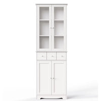 3-Tier Bookshelf with Doors and 3 Drawers, Home Office Large Storage Cabinet with Shelves and Display Cabinet, Tall Standing Bookcase with LED Light Strips for Living Room Apartment, White