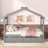 Full Size House Bed Frame, Wood Platform Bed with 2 Drawers, Decorative Canopy Bed Top, Sturdy Frame Wood Legs Supprot, No Box Spring Needed, Gray