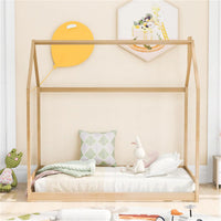 Twin Size House Bed Frame, Floor Bed for Kids and Toddler, Natural