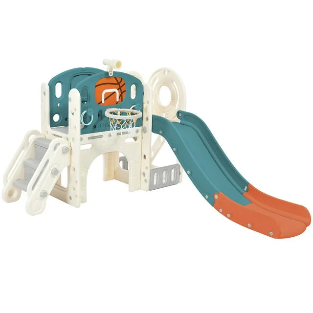 7 in 1 Toddler Slide Set with Arch Tunnel and Freestanding Castle,Kids Climber Slide Playset with Basketball Hoop,Children's Slide,Outdoor Indoor Playground,Blue