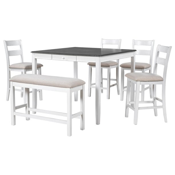 6-Piece Dining Table Set for 4-6 Persons,Solid Wood Rectangular Dining Table with Storage Drawer,Counter Height Square Kitchen Set with 4 Upholstered Chair and A Bench for Kitchen Dinning Room,White