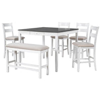 6-Piece Dining Table Set for 4-6 Persons,Solid Wood Rectangular Dining Table with Storage Drawer,Counter Height Square Kitchen Set with 4 Upholstered Chair and A Bench for Kitchen Dinning Room,White