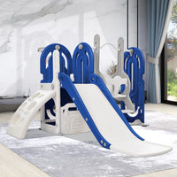 Kids Activity Playground Set 5 in 1, Baby Indoor Outdoor Playset with Toddler Slide, Swing, Basketball Hoop and Climber, Children's play sets with Storage for Boys and Girls, Blue