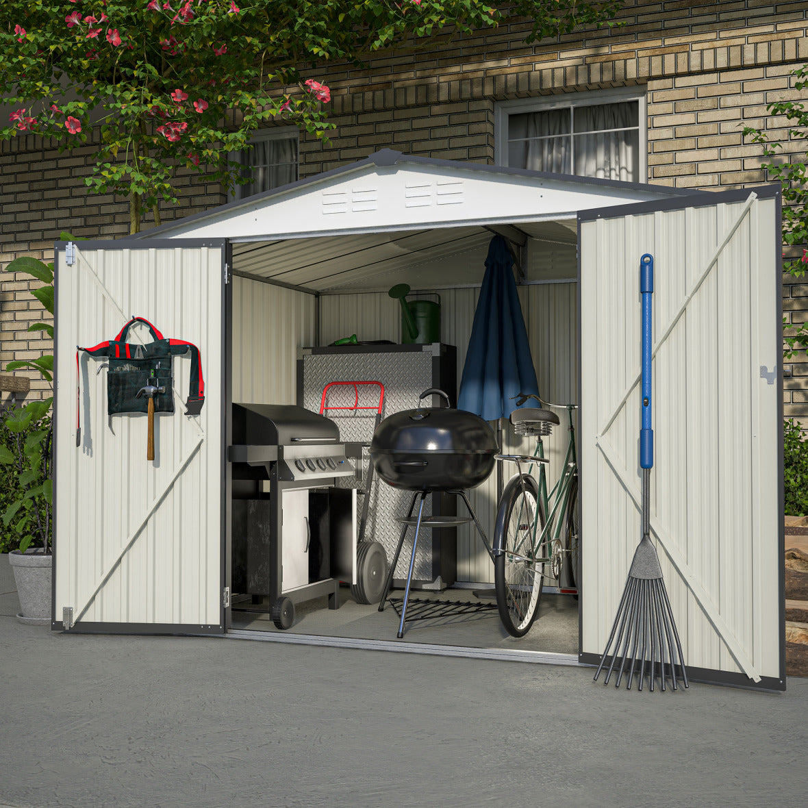 8x6Ft Outdoor Storage Shed with Lockable Doors, 4 Vents & Sloping Roof, Heavy Duty Metal Storage House with Aluminum Frame for Garden Backyard Patio, Weather Proof, Tool Accessories Included, White