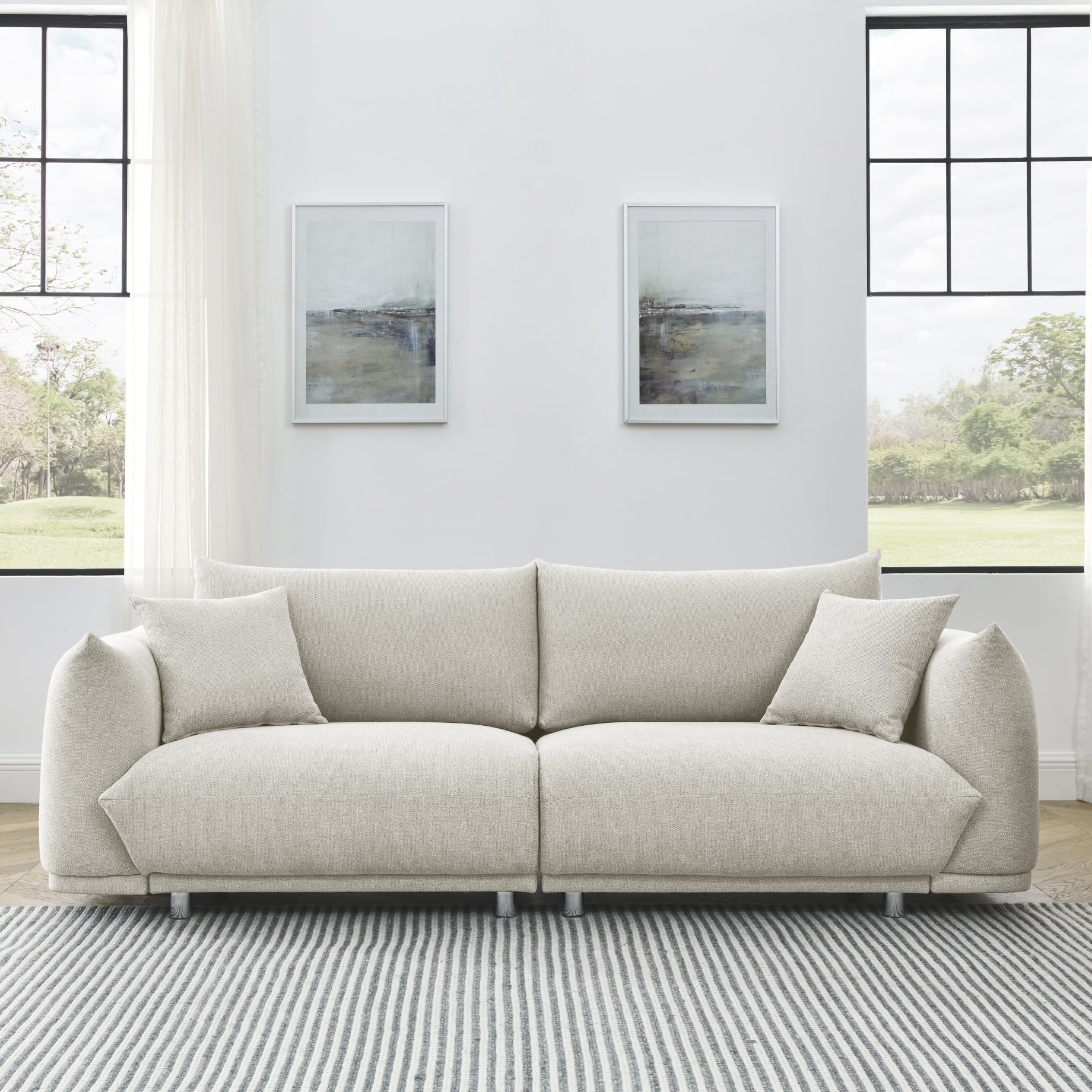 90.5" Modern Loveseat Sofa Couch, Linen Fabric 3-Seater Couch with 2 Pillows and Metal Legs,Upholstered Padded Sofa Couch with Solid Wood Frame, for Living Room Bedroom Office,Beige