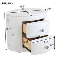 PU Leather Upholstered Nightstand with 2 Drawers and Crystal Handle, Button Tufted Dresser Side Table Chest, Multifunctional Round Storage Beside Table for Living Room, Bedroom, Fully Assembled, White