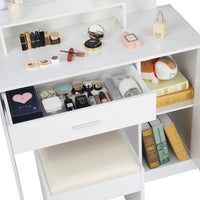 Makeup Vanity Desk with Lighted Mirror and 3 Shelves, White Dressing Table with A Drawer and A Cabniet, Vanity Table with Metal Frame and Particle Board, Modern Vanity Table with Mirror for Bedroom