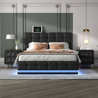 3 PCS Bedroom Set, Queen Size Upholstered Platform Bed with LED Lights, Hydraulic Storage System and USB Charging Station, 2 Nightstands with Crystal Decoration, Bed and Nightstands Set of 3, Black