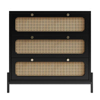 Modern 3 Drawer Dresser, Rattan Chest of Drawers with Spacious Storage Rattan Dresser, Closet Storage Bedside Table Dresser for Bedroom Living Room Entryway, Hallway, Black