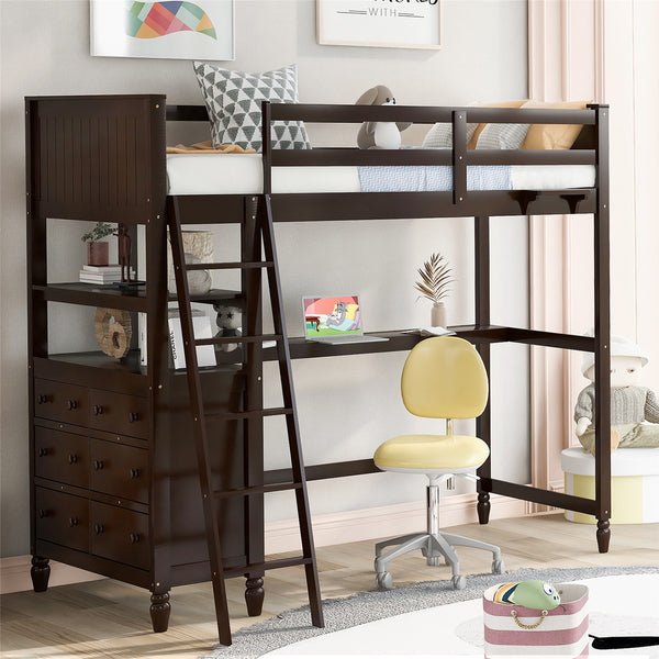 Twin size Loft Bed with Desk and Storage Cabinet, Wooden Loft Bed with Shelves and Drawers for Kids Teens Adults, No Box Spring Needed, Espresso 80.7"L x 56.2"W x 69.4"H